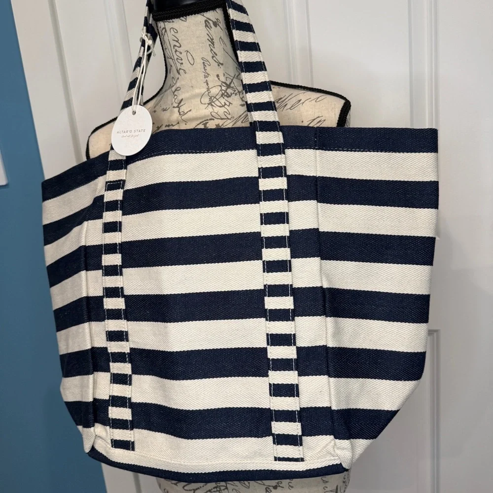 Altar’d State Striped Navy and White Canvas Tote Bag‎